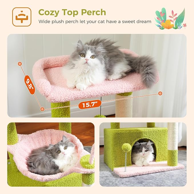 PEQULTI 4-in-1 Cat Tree for Kittens & Small Cats, 33in Pink Tower | Compact 33in cat tower: deep hammock, cozy condo, top perch, sisal post; removable washable cover; wide base for small cats