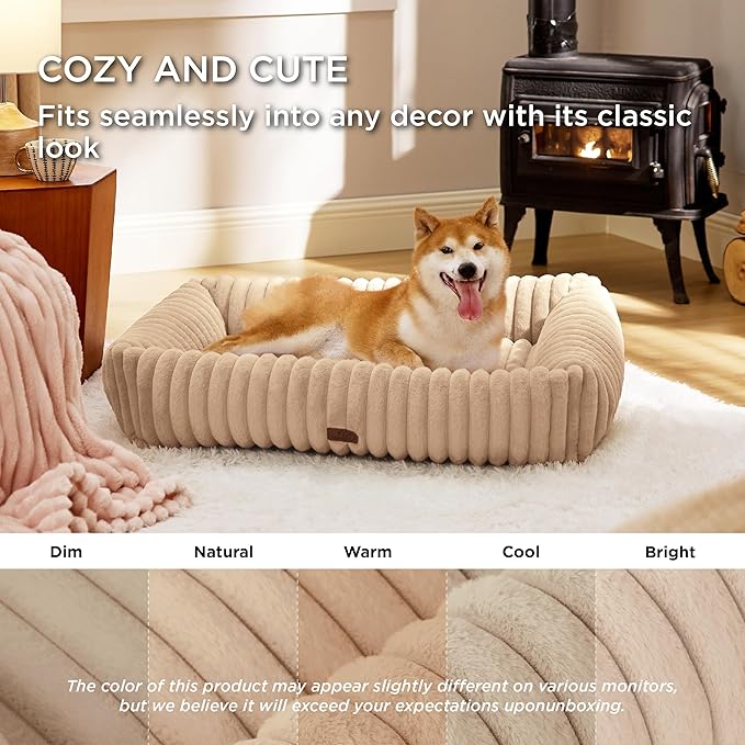 Bedsure ComfyFleece™ Cute Dog Bed Medium Large Size Dog，33in Sandy Beige | Furry Big Pet Beds,Washable Rectangle Orthopedic Corduroy Aesthetic,Removable Zipper Cover,Non-Slip Bottom,Up To 50 Lbs