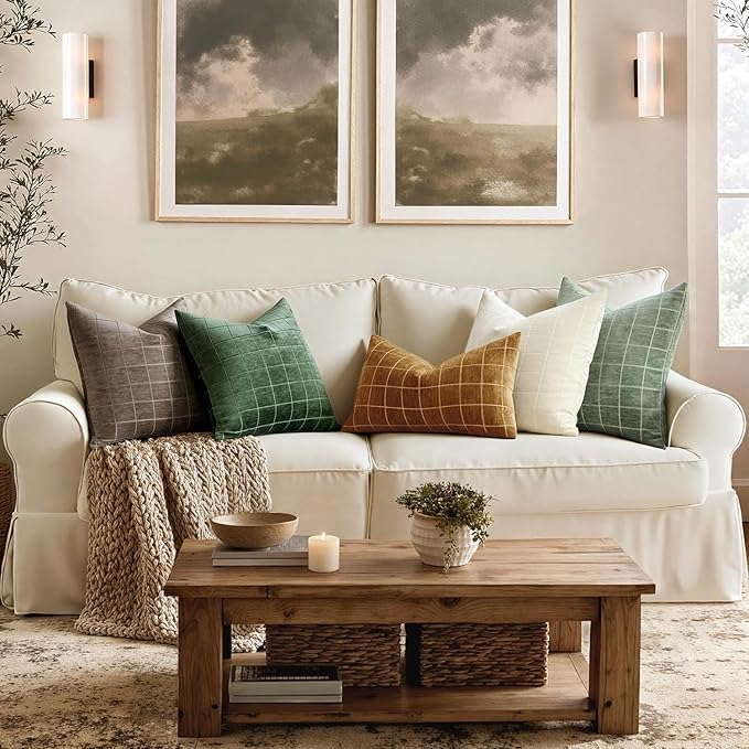 MIULEE Moss Green Plaid Decorative Lumbar Pillow Covers 12x20 Set of 2 | Vintage, Check Chenille Couch Pillows, Neutral Boho Farmhouse Cushion Covers, Modern Home Decor for Sofa Bed Living Room