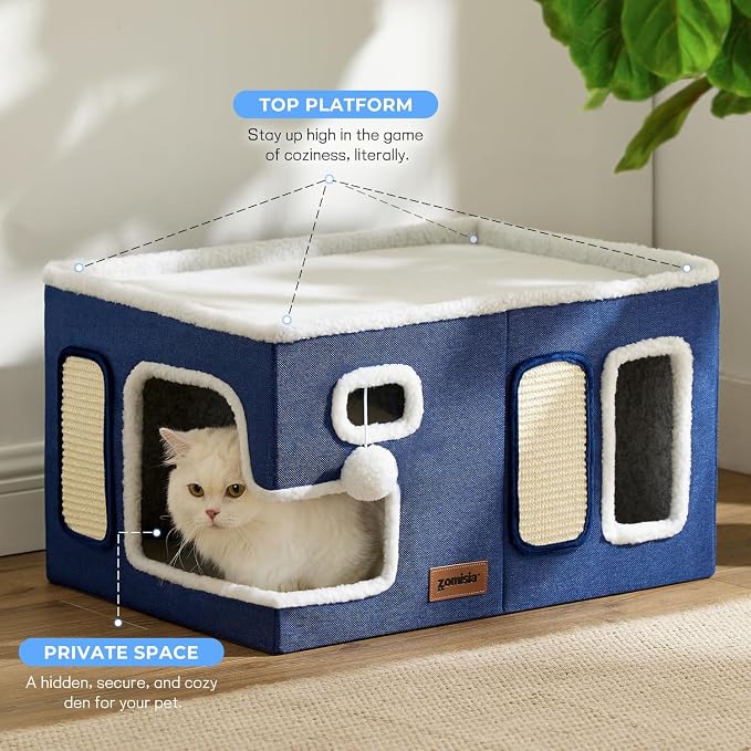 ZOMISIA Extra-Wide Cat House for Indoor Cats - Large Cat House for Pet with Fluffy Ball Hanging and Scratch Pad, Foldable Cat Hideaway for Multi Cats, 23x16.5x13 inches, Navy