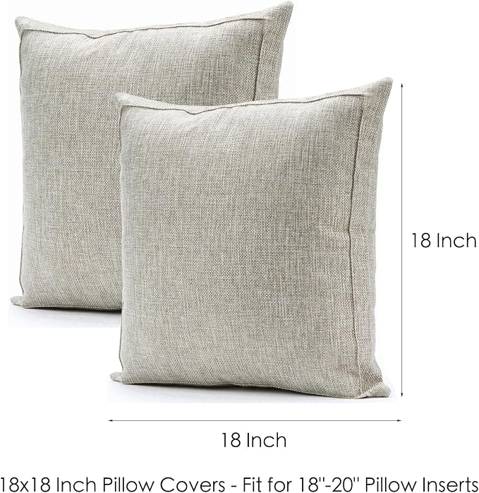 18x18 Inch Burlap Linen Throw Pillow Covers, Pack of 2 Decorative Farmhouse Rustic Neutral Pillow Cases Square Durable Cushion Cover for Sofa Couch Bed Home Decor, Beige/Khaki Threads