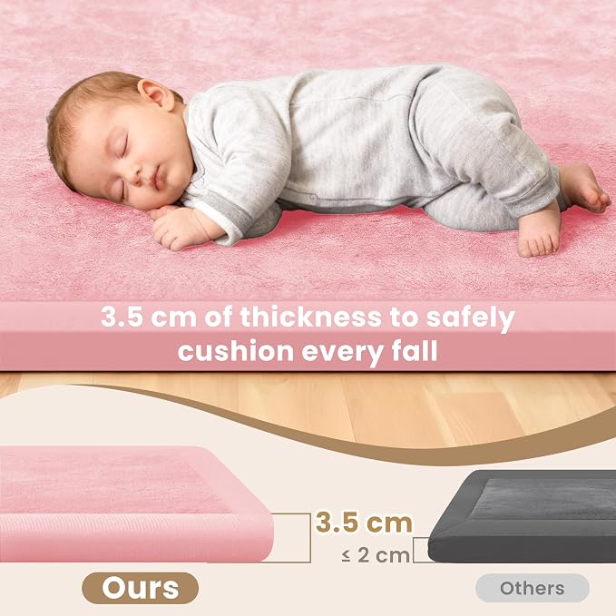 ACOMOPACK Baby Play Mat for Floor 1.3" Thick Memory Foam Play Mat 39"×59" Tummy Time Crawling with Non-slip Bottom for Living Room,Nursery,Soft Velvet Playpen Mats for Kids,Infants（Pink）