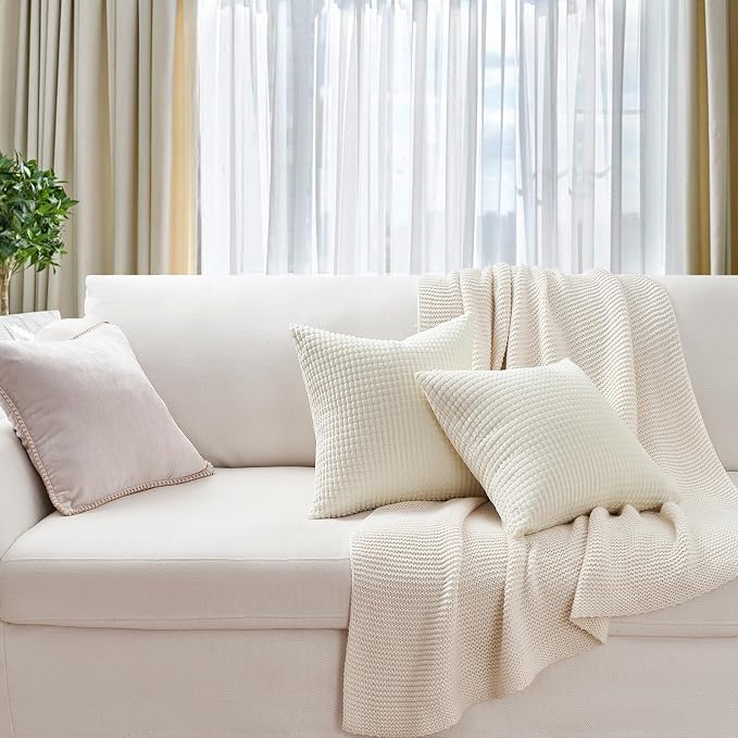 Topfinel 24x24 Inch Small Throw Pillow Covers Pack of 4 for Living Room Couch Bed Soft Corduroy Windmill Textured Boho Striped Patchwork Pillow Covers House Decor,Cream