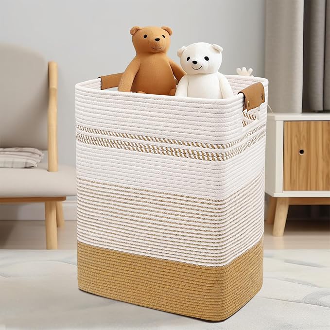 Laundry Hamper, 85L Cotton Rope Laundry Basket, Jute & White | Foldable nursery hamper with leather handles; store blankets, toys, baby clothes and laundry in bedroom or living room