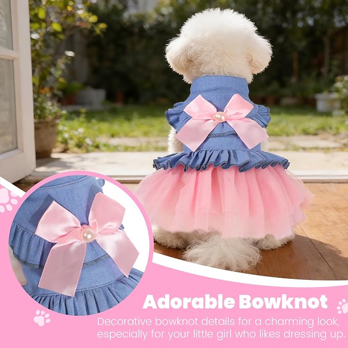 Dog Dress, Fashion Puppy Tutu Princess Dresses for Small Dogs Girl, Sweet Skirt with Dog Bowknot Clips, Spring Dog Cat Clothes Pet Apparel (Denim Princess Dress, Large)