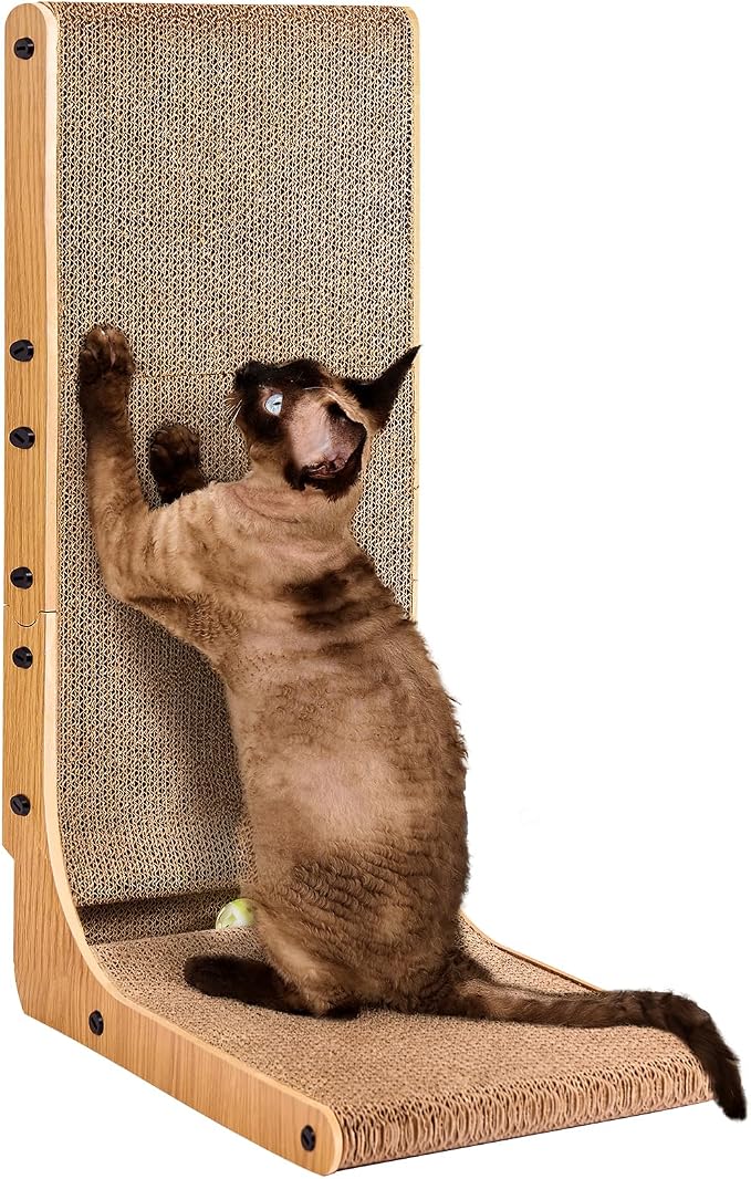 EHEYCIGA Cardboard Cat Scratcher for Indoor Cats, 26.8 Inch, Brown | L Shaped Scratching Post, Vertical Cat Scratching Board with Ball Cat Toy, Furniture Protector, Large Cat Scratch Pad