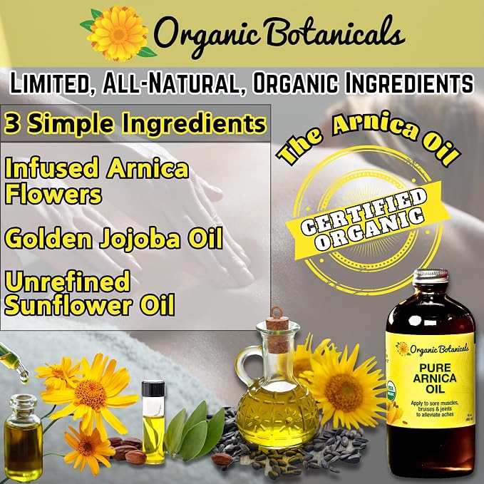 Arnica Oil - Pure Organic Muscle Discomfort Bottle - Arnica Montana Oil for Bruising & Swelling, Muscle, Joint Discomfort, and Sports Injuries, Arnica Massage Oil (4 oz)