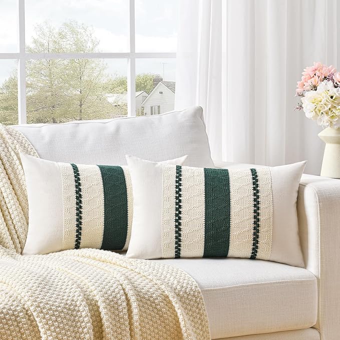 Fancy Homi Set of 2 Dark Green Boho Long Lumbar Decorative Throw Pillow Covers 16x24 Inch for Couch Bed Sofa Bedroom, Modern Farmhouse Vintage Forest Green Living Room Decor, Women Teen Girls Gift