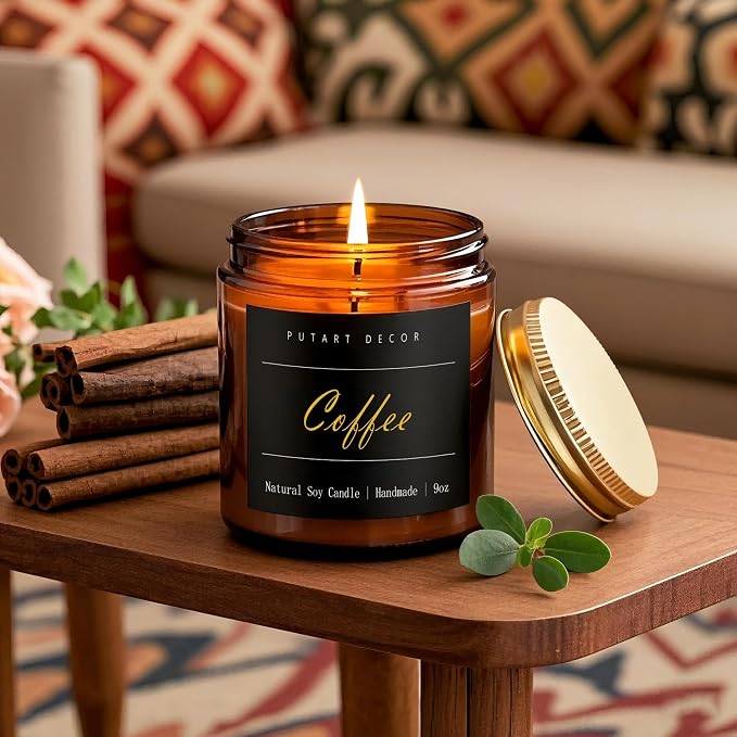 Coffee Highly Scented Candle for Home, 9oz Natural Soy Aromatherapy Non Toxic Candles with Essential Oil, Home Fragrance Stress Relief & Meditation Jar Candles Gifts for Women & Men