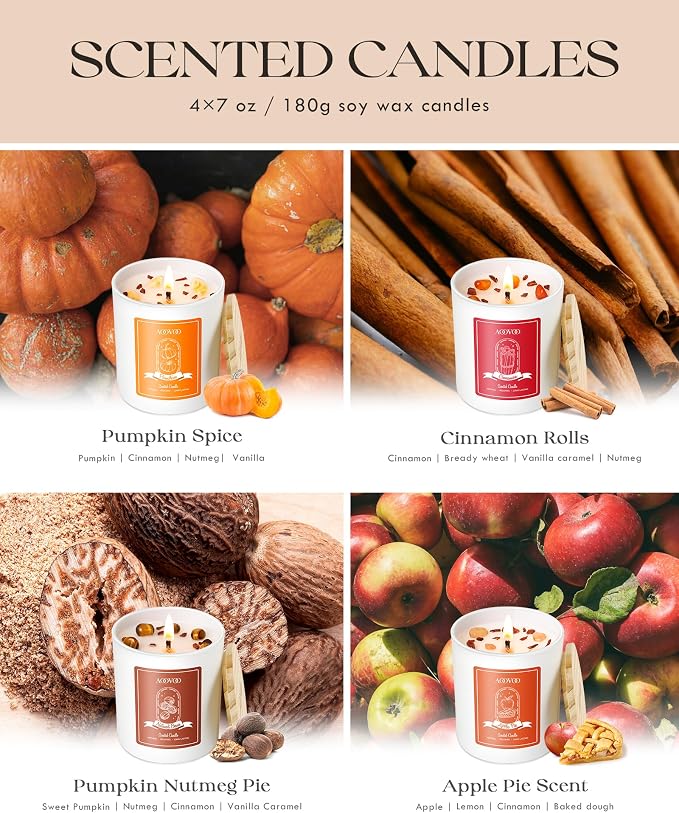 AOOVOO Fall Candles Set for Women - Aromatherapy Candle with Crystals Inside, 28 oz 200 Hour Long Lasting, 4 Pack Candles for Home Scented, Autumn Fragrance of Apple Pie/Cinnamon/Pumpkin/Nutmeg Beans
