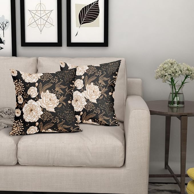 Vintage Peony Roses Floral Plant Pillow Covers 22X22 Inch Set of 2 Chinoiserie White Flower Leaves Decorative Pillow Cases Black Gold Cushion Case Vintage Home Decor for Sofa Couch Outdoor