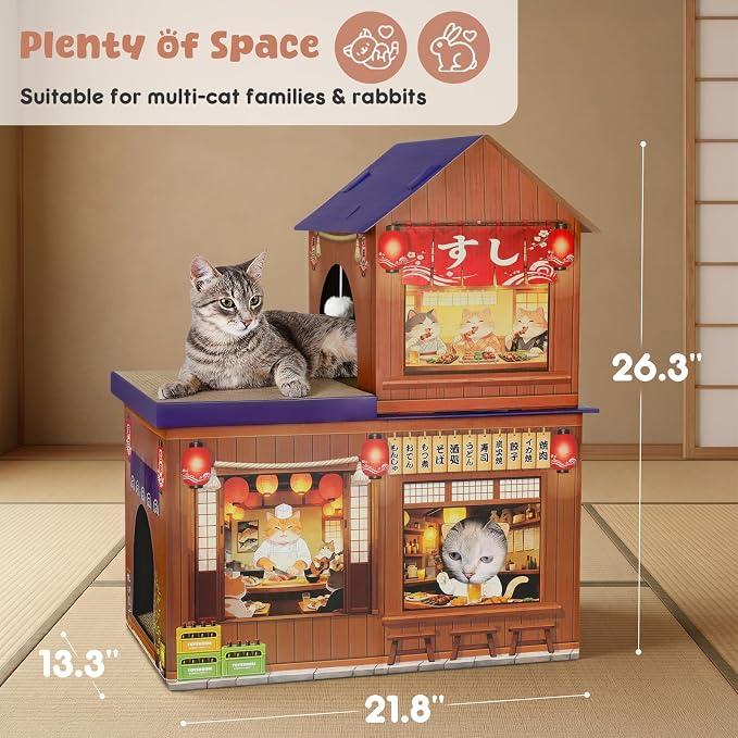 Cardboard Cat Houses for Indoor Cats Kitten Scratcher Houses Izakaya Themed | Cat Condos Hut Hideout Play House Bed with Scratching Pads, Scratch Box for Large Kitty Rabbit Bunny Small Animals