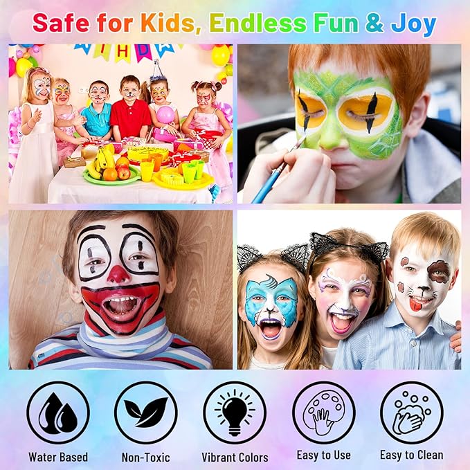 UCANBE Face Body Paint 18 Colors, Water Based Face Painting Kit with Large White Black & Neon Glow UV Facepaint SFX Makeup Palette for Halloween Party Costume Cosplay & Stage Make Up