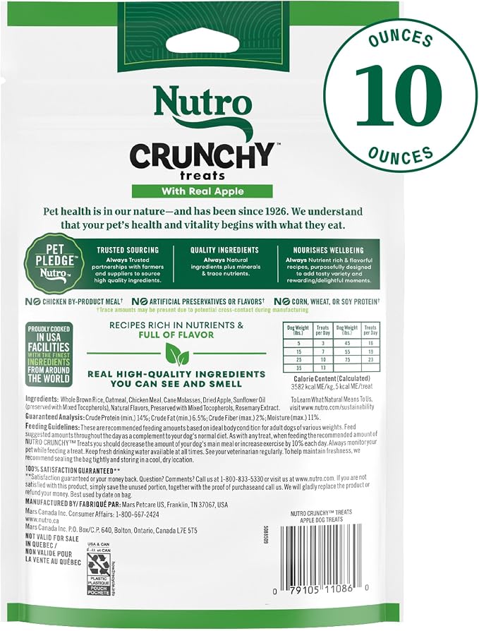 Nutro Crunchy Dog Treats with Real Apple, 10 oz | 5 calories per treat, natural ingredients, no corn, wheat, soy protein, low calorie, quality protein, ideal for training