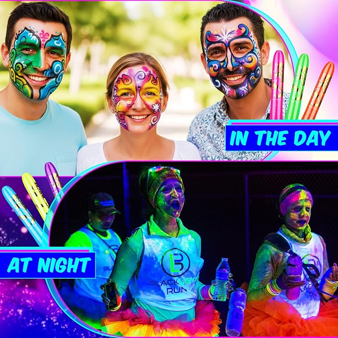 Handepo 24 Pcs Glow in the Black Light Face Paint Crayons Neon Face Body UV Light Paint Kit Fluorescent Halloween Masquerade Makeup for Adult Mardi Gras Parties(Rainbow Color)