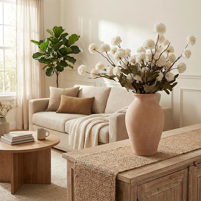 Ceramic Whitewashed Terracotta Farmhouse Vase, 9.2 inch Height, Pottery Decorative Flower Vases,Clay Decorative Vases for Home Decor, Table, Living Room, Shelf, Mantel Decoration (Terracotta White)