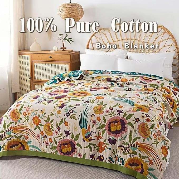 Boho Throw Blanket for Bed 100% Cotton Bohemian Blankets Ultra Soft Woven Muslin Decorative Blankets All Seasons Vintage Quilt Knitted Blanket for Sofa Chair(Beige, 50"x60")