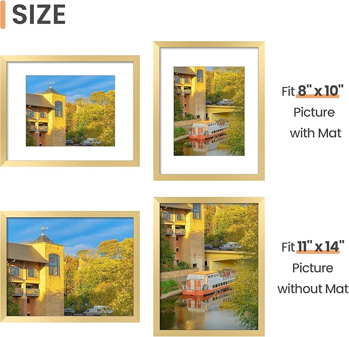 upsimples 11x14 Picture Frame, Gallery Wall Frames Set of 5, Gold | Photo Frame Collage Wall Decor, 11 x 14 Frame, 8x10 Frame with Mat for Family, Baby, Hallway, Diamond, Wedding