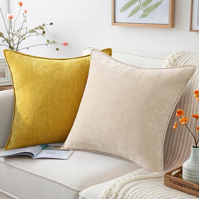 decorUhome Chenille Mineral Yellow Throw Pillow Covers 16x16 Set of 2 | Fall Soft Couch Decorative Modern Velvet Pillow Cases with Elegant Design for Sofa Bed Living Room Home Decor