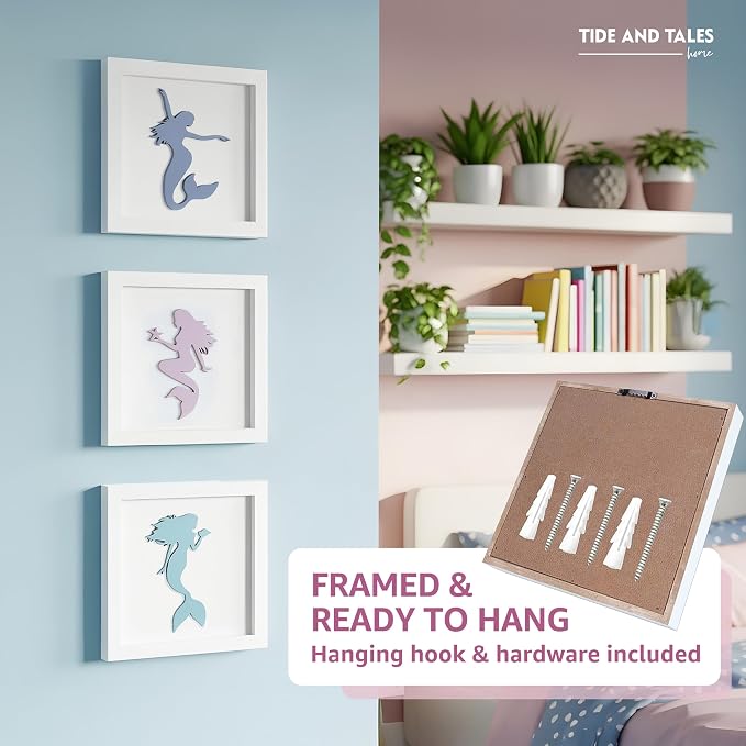 Tide and Tales Elegant 3D Mermaid Wall Decor, Framed Wooden Set of 3 Silhouettes in Pastel Colors, Mermaid Bathroom Decor, Ocean Room Decorations for Girls Bedroom, Ocean Wall Art