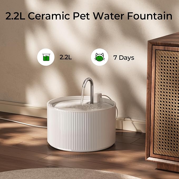 Voluas 2.2L Ceramic Cat Water Fountain with 1 Filter Automatic Pet Fountain | 74oz capacity, ceramic bowl, 4-layer filtration, ultra-quiet pump, faucet and bubbling modes, easy to clean, dishwasher-safe