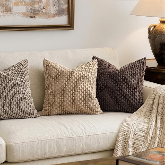 MIULEE Decorative Throw Pillow Covers 20x20 Neutral Tan Textured Corduroy | Pack of 2 Striped Pillow Covers Modern Farmhouse Fall Home Decor for Couch Bed Sofa Living Room