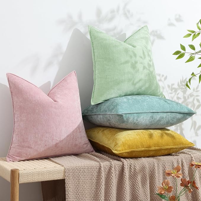 decorUhome Chenille Blush Pink Velvet Throw Pillow Covers 18x18 Set of 2 | Fall Soft Couch Decorative Modern Farmhouse Pillow Cases with Elegant Design for Sofa Bed Living Room Home Decor