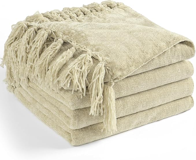 Chenille Throw Blanket for Couch 60" x 80" Twin, Light Beige | Soft Cozy Warm Throws with Fringe Tassel, for Living Room Bed Sofa Chair Cover, Lightweight Knitted Decorative Boho Blankets