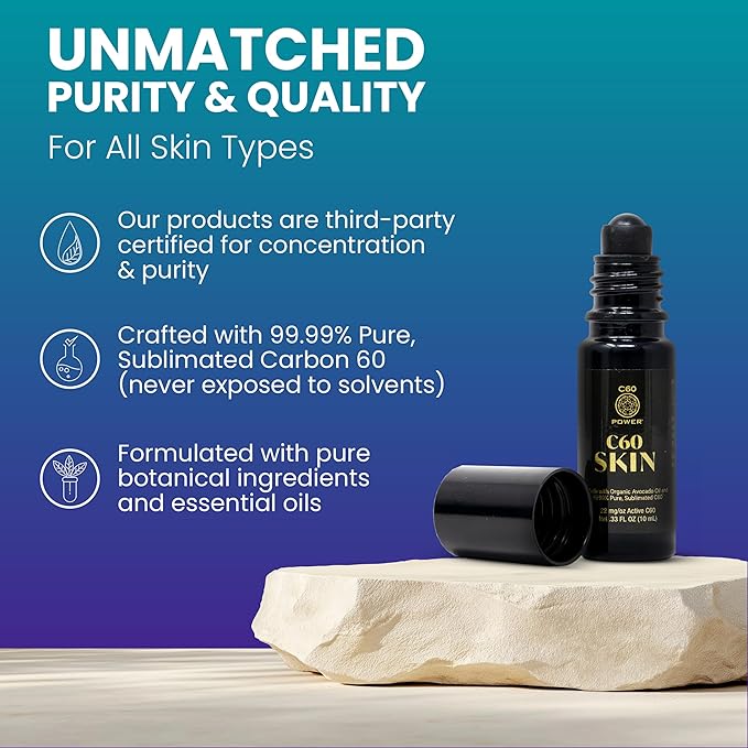 C60 Power Skin Roll On - Roller for Face, Hands & Body, Made with Organic Avocado Oil & 99.99% Pure Sublimated Carbon 60, Age Defying Skin Care, Natural Support for Wrinkles & Dry Patches - 0.33 fl oz