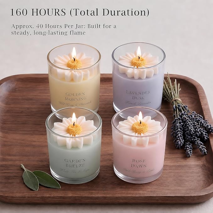 Scented Candles Gift Set for Women, 4 Pack Soy Candles for Home with Unique Floral Design, Relaxing Aromatherapy Candles for Birthday, Self Care, Home Decor