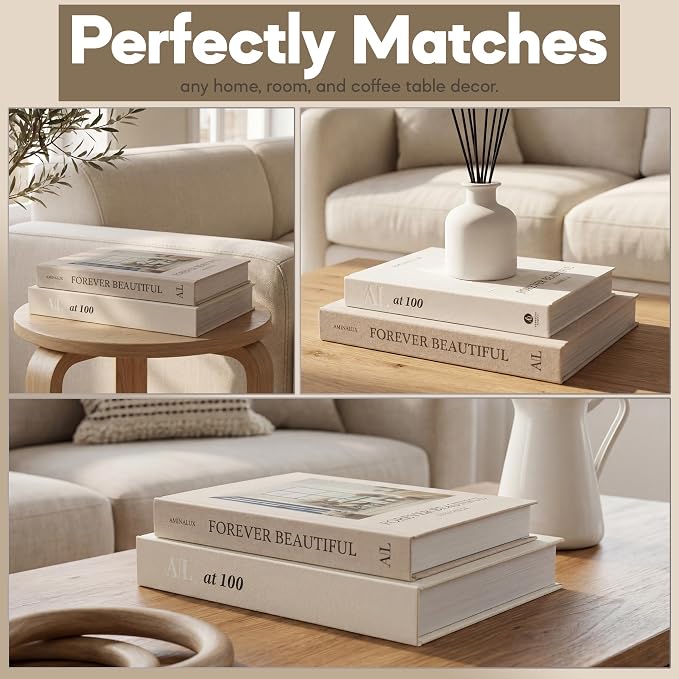 Decorative Books for Home Decor with Storage – Set of 2 Faux Linen Book Boxes with Aesthetic Covers – Enhance Your Coffee Table, Bookshelf Decor – Hidden Storage for Photos, Keepsakes, and Jewelry