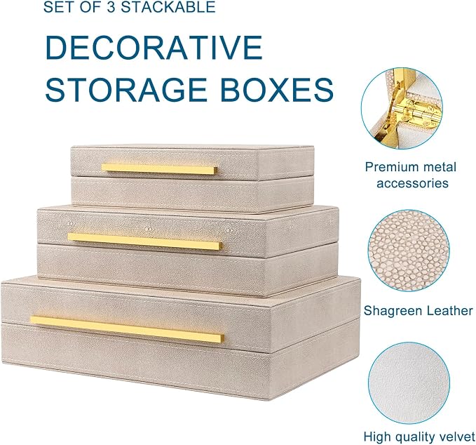 Ivory Shagreen Box Set Of 3 Faux Leather Decorative Boxes, Large Modern Nesting Storage Decorative Boxes with Lids for Home Decor Stacking jewelry Box Organizer