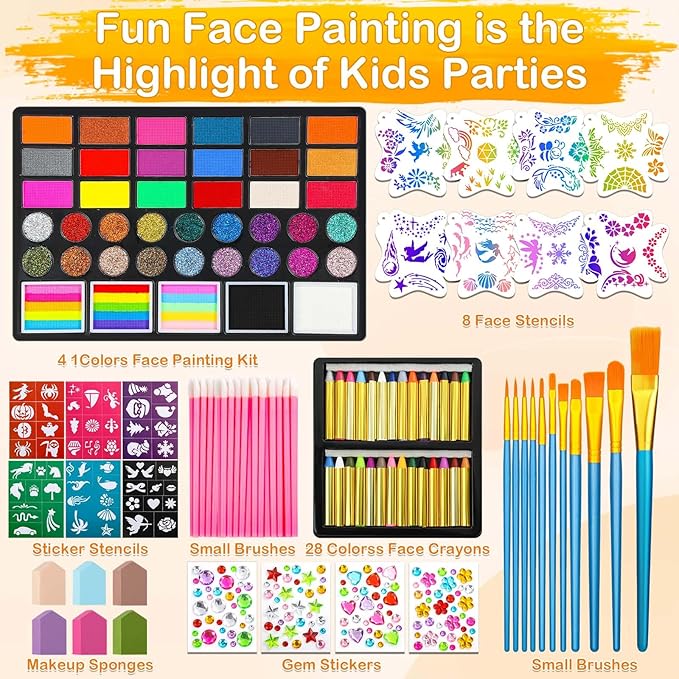 41 Color Face Painting Kit for Kids & Adults, Non-Toxic Water Activated Face Paint Palette with 28 Crayons, Reusable Stencils, Brush, Sponge, Gems - for Halloween, Birthday Party, Costume Makeup