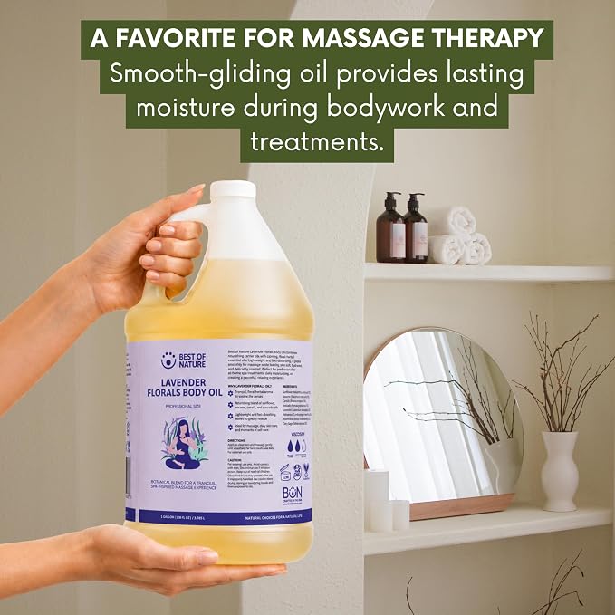 Best of Nature Lavender Florals Aromatherapy Massage & Body Oil - Tranquil, Soothing Blend with Lavender, Sage, Rosewood & Palmarosa, Ideal for Relaxing Massage or Daily Moisturizing (64 Fl Oz)