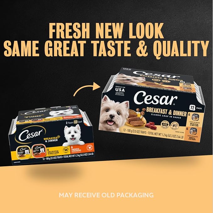Cesar Classic Loaf Wet Dog Food, Breakfast & Dinner, 3.5 oz, 12 Count | Steak & Eggs & Chicken & Liver flavors, real beef or chicken #1 ingredient, made in the USA, no fillers, easy peel trays