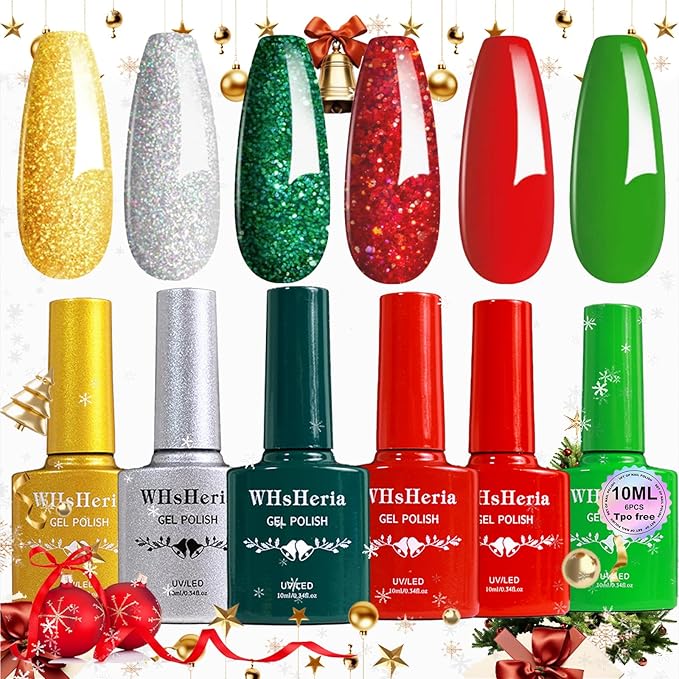 Red Christmas TPO Free Gel Nail Polish Set,6pcs 10ml red gold Green Glitter Sparkle Winter Long-lasting Soak Off UV Light Cure Gel Polish Kit for Salon and as a Gift for Daily Life at Home