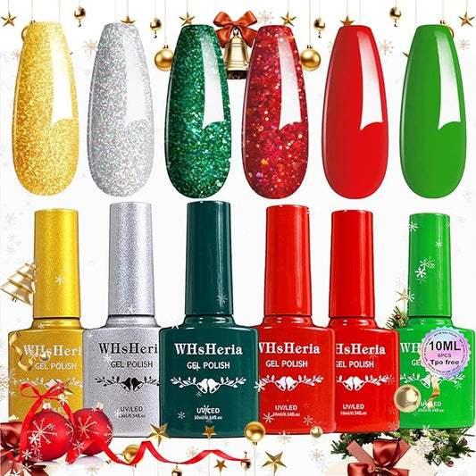 Red Christmas TPO Free Gel Nail Polish Set,6pcs 10ml red gold Green Glitter Sparkle Winter Long-lasting Soak Off UV Light Cure Gel Polish Kit for Salon and as a Gift for Daily Life at Home