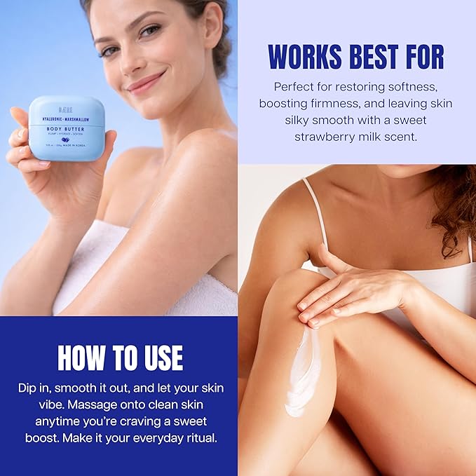 Hyaluronic Acid Body Butter With Marshmallow - Dermatologist Tested, Anti Aging, Korean Skin Care - Deep Hydration, Smoother, Plumper, Dewy Skin - Vegan, Clean Beauty - 7.05 Oz