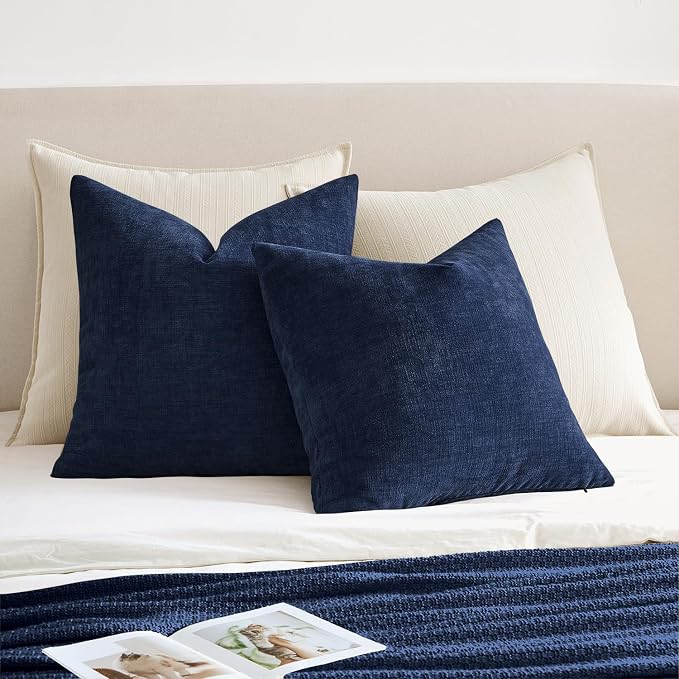 MIULEE Navy Chenille Couch Throw Pillow Covers, 20x20 | Set of 2, Soft Coastal Home Decor, Modern Farmhouse Decorative Pillowcases for Sofa Living Room Bed