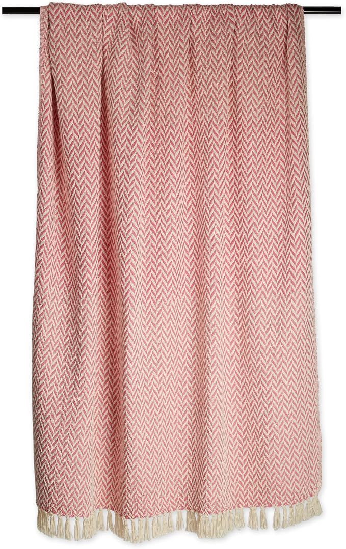 DII Modern Zig Zag Throw Blanket Woven Cotton, Hand-Knotted 2.5" Fringe, 50x60, Blush Pink