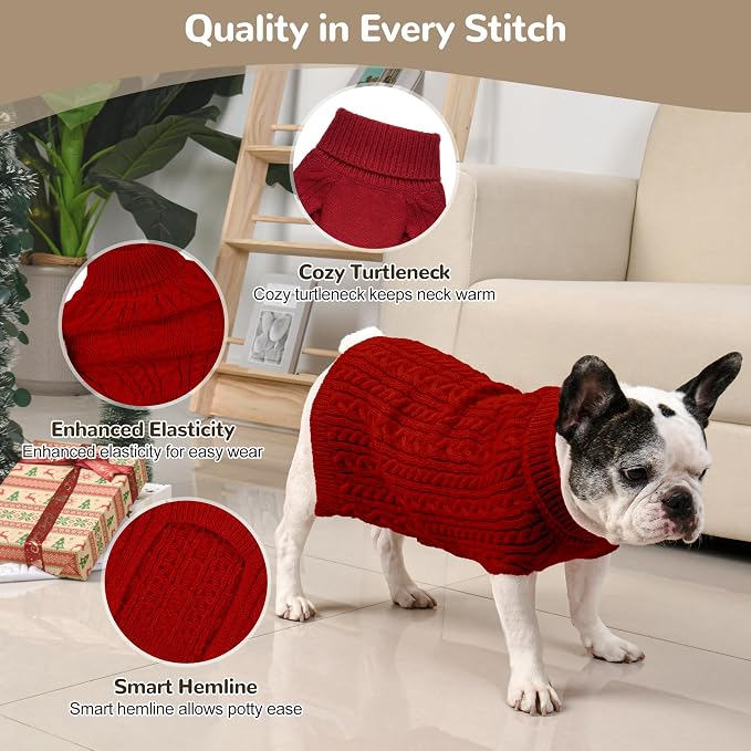 Dog Sweater 2 Pack for Medium Dogs, Size M, Red & Brown | Stretchy cable knit turtleneck, machine washable, high belly cut, comfy winter fit for French Bulldog, Pug