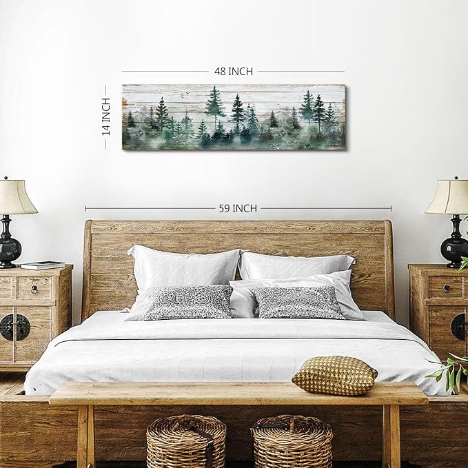 Farmhouse Pine Tree Wall Art Forest Wall Decor Rustic Wood Mountain Picture Canvas Prints for Living Room Kitchen Cabin Home Decor Vintage Woodland Poster Painting Narrow Artwork Decorations 14x48”