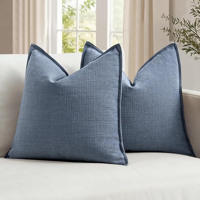 MIULEE Thick Textured Euro Sham Throw Pillow Covers 24x24 Inch Blue | Set of 2, Decorative Linen Blend Pillow Cover, Flange Edge Design, Farmhouse Modern Boho Style, Bed Couch Living Room Decor