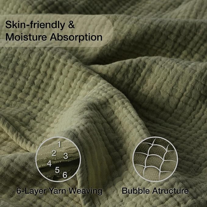 100% Cotton Muslin Blanket King 108" x 90", Breathable and Lightweight Cotton Throw Blanket for Bed, Soft Cooling Summer Gauze Blanket for Adults All Season, Olive Green
