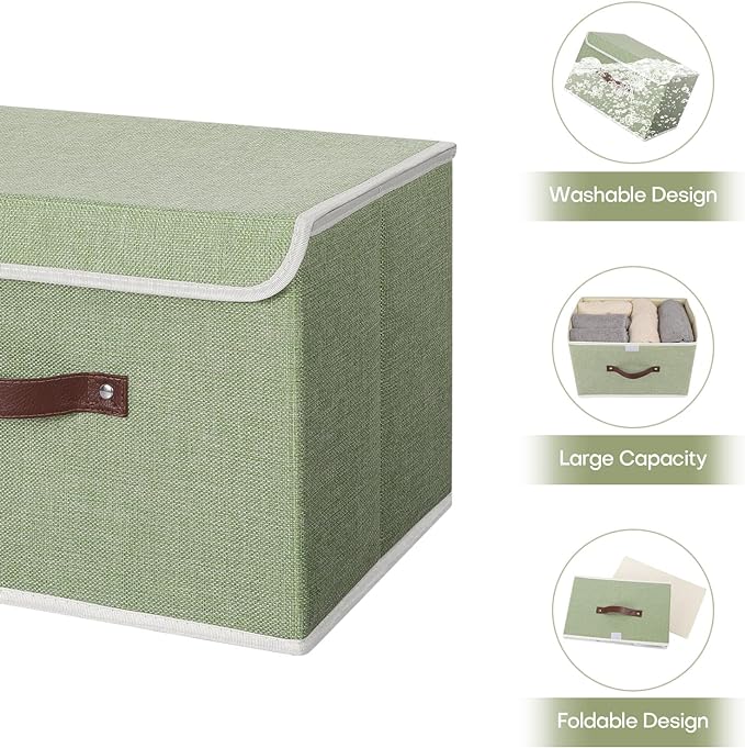 ANMINY Fabric Storage Box Bins with Lids, Green, 13"x9"x7.9", 2 Pack | Keepsake Memory Storage, Cotton Linen, PP Board Reinforced, Washable, PU Handles, Foldable & Stackable, Decorative, Medium