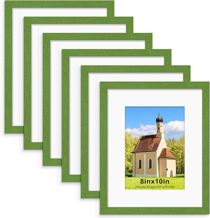 8x10 Picture Frame Set of 6, Wall or Tabletop Display, Green | Display Pictures 5x7 with Mat or 8x10 Without Mat, Horizontal or Vertical, Gallery Wall Frame Set, Wedding Birthday Gifts
