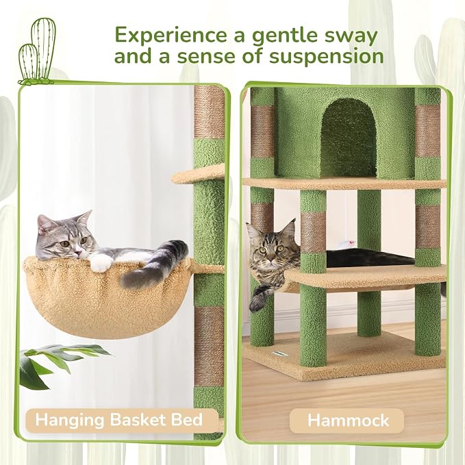 Globlazer 66in Cactus Corner Cat Tree for Indoor Large Cats, C66, Green | Space-Saving Stable Green Cat Tower with 6 Scratching Posts, 2 Large Fan-shaped Condos & Top Perch, Hammock, Climbing Steps