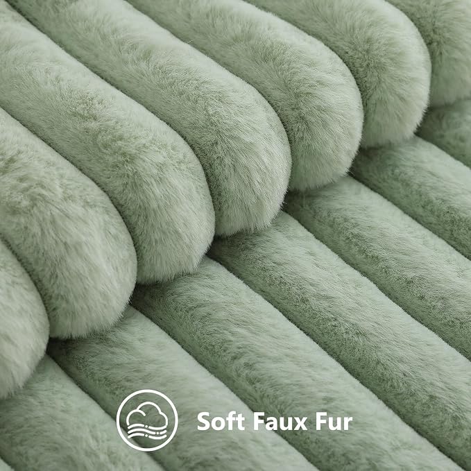 decorUhome Fall Faux Fur Throw Pillow Covers 24x24 Set of 2 Sage Green | Decorative Soft Cozy Striped Plush Modern Farmhouse Boho Couch Pillow Cases Velvet Back for Sofa Bed Living Room Home Decor