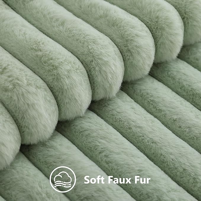 decorUhome Fall Faux Fur Throw Pillow Covers 26x26 Set of 2 Sage Green | Decorative Soft Cozy Striped Plush Modern Farmhouse Boho Couch Pillow Cases Velvet Back for Sofa Bed Living Room Home Decor