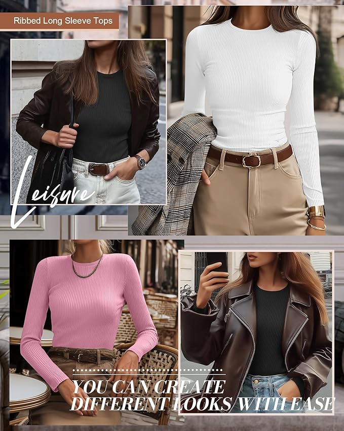Ficerd 3 Pack Women's Ribbed Long Sleeve Tops, Crew Neck Slim Fit Undershirts Knit Basic Casual Stretch Layering Tee Shirts